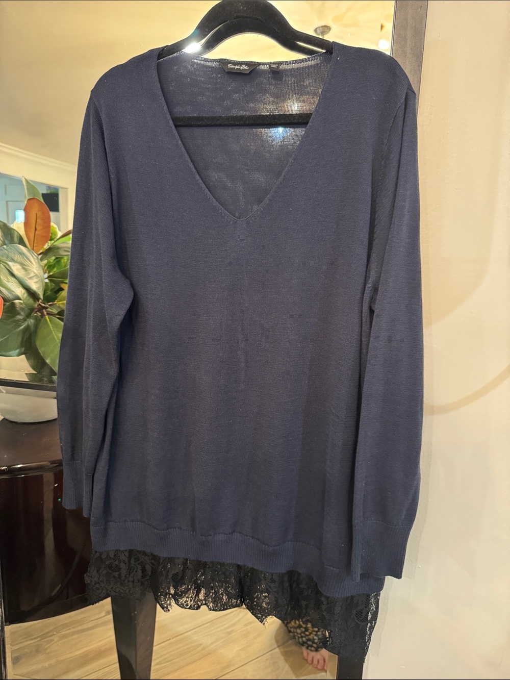 Simply Be Navy V-Neck Sweater with Lace Hem